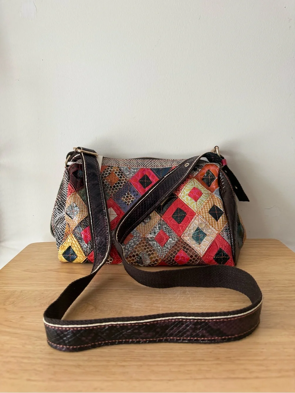 Chaos Patchwork Genuine Leather Crossbody Bag Multicolor Snake Croc Embossed